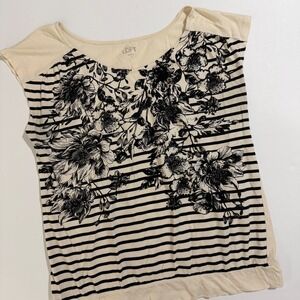 LOFT Women's Striped Floral Cap Sleeve T-Shirt Top Size M Cream and Black